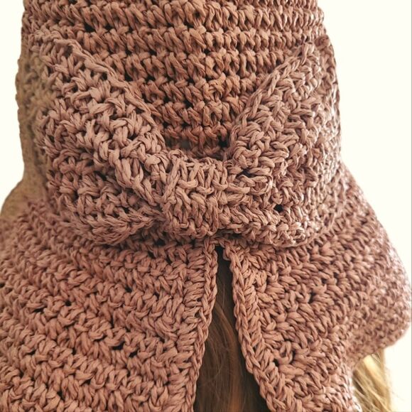 Straw Bucket Crochet Hat With Bow Soft Rose Open Weave - Picture 6 of 13